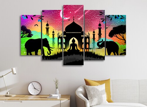 Cuadro Decorativo Animales Elefantes Buda Taj Mahal100x60cm 5pzs Cuadros MX
