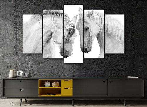 Cuadro Decorativo Animales Caballos Blancos Fondo Blanco 100x60cm 5pzs Cuadros MX