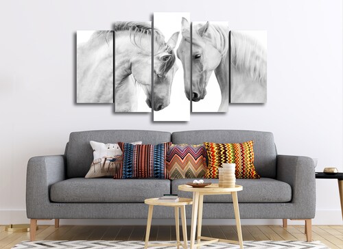 Cuadro Decorativo Animales Caballos Blancos Fondo Blanco 100x60cm 5pzs Cuadros MX