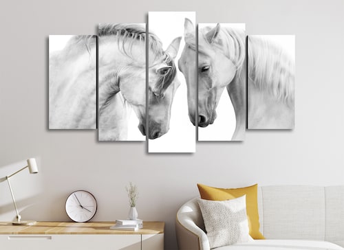 Cuadro Decorativo Animales Caballos Blancos Fondo Blanco 100x60cm 5pzs Cuadros MX