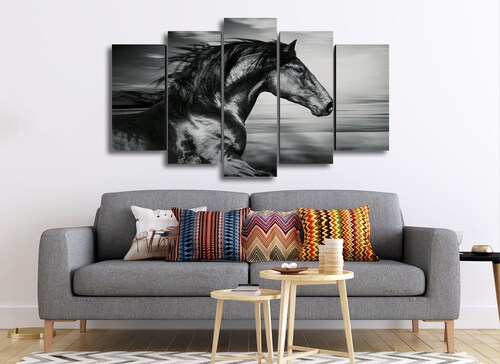 Cuadro Decorativo Animales Caballo Negro Blanco/Negro 100x60cm 5pzs Cuadros MX