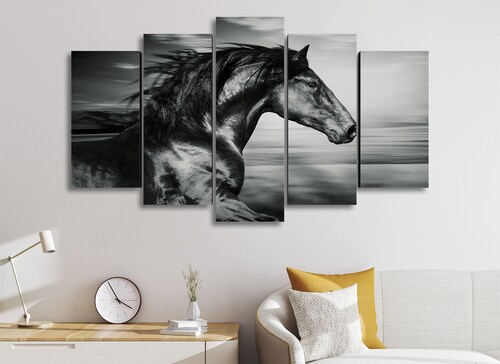 Cuadro Decorativo Animales Caballo Negro Blanco/Negro 100x60cm 5pzs Cuadros MX