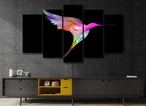 Cuadro Decorativo Animales Colibrí Multicolor Fondo Negro 100x60cm 5pzs Cuadros MX