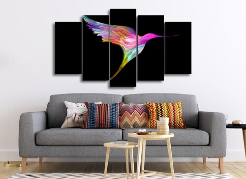 Cuadro Decorativo Animales Colibrí Multicolor Fondo Negro 100x60cm 5pzs Cuadros MX