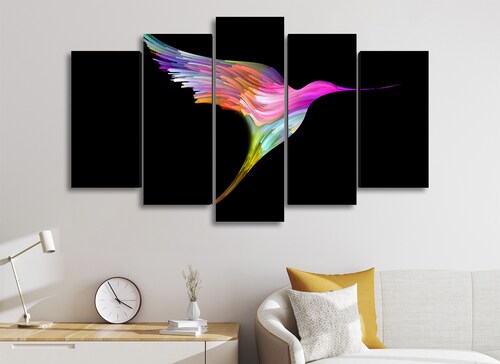 Cuadro Decorativo Animales Colibrí Multicolor Fondo Negro 100x60cm 5pzs Cuadros MX