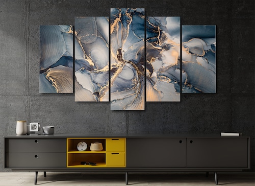 Cuadro Decorativo Abstracto Gris Oro Moderno 100x60cm 5pzs Cuadros MX
