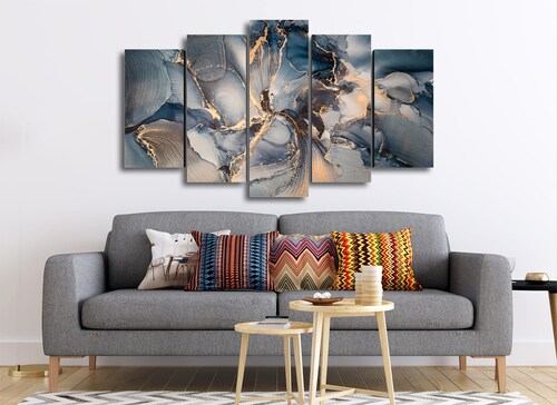 Cuadro Decorativo Abstracto Gris Oro Moderno 100x60cm 5pzs Cuadros MX