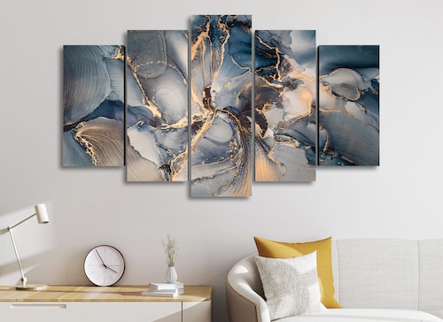 Cuadro Decorativo Abstracto Gris Oro Moderno 100x60cm 5pzs Cuadros MX