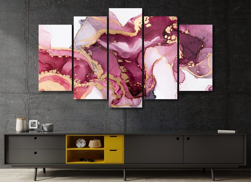 Cuadro Decorativo Abstracto Magenta Oro Moderno 100x60cm 5pzs Cuadros MX