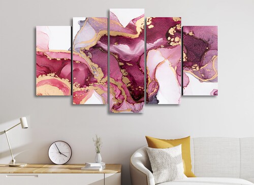 Cuadro Decorativo Abstracto Magenta Oro Moderno 100x60cm 5pzs Cuadros MX