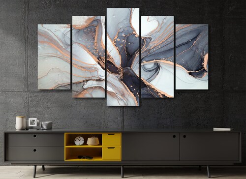 Cuadro Decorativo Abstracto Plata Oro Moderno 100x60cm 5pzs Cuadros MX