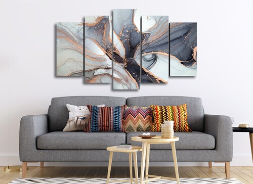 Cuadro Decorativo Abstracto Plata Oro Moderno 100x60cm 5pzs Cuadros MX