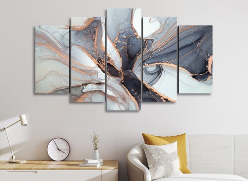 Cuadro Decorativo Abstracto Plata Oro Moderno 100x60cm 5pzs Cuadros MX