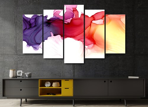 Cuadro Decorativo Abstracto Moderno Colores Violeta/Rojo/Amarillo 100x60cm 5pzs Cuadros MX