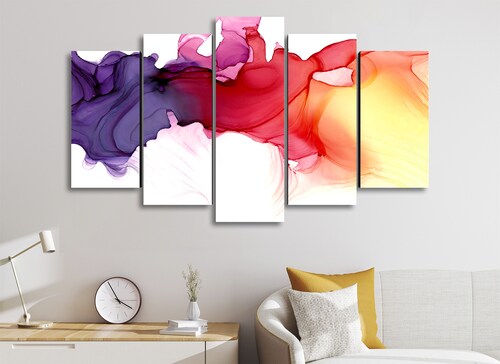 Cuadro Decorativo Abstracto Moderno Colores Violeta/Rojo/Amarillo 100x60cm 5pzs Cuadros MX