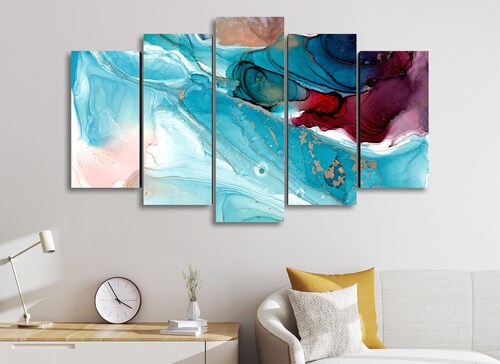 Cuadro Decorativo Abstracto Moderno Agua Marina 100x60cm 5pzs Cuadros MX