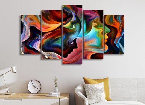 Cuadro Decorativo Abstracto Moderno Rostros Perfil 100x60cm 5pzs Cuadros MX