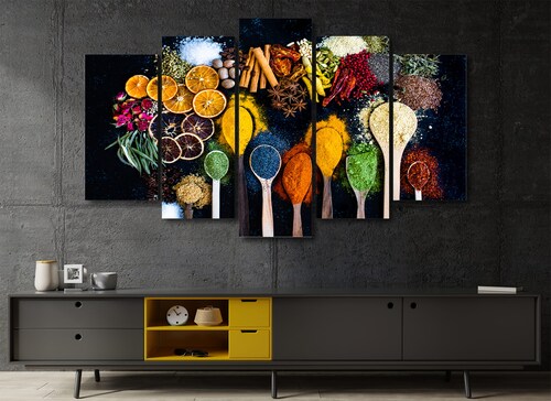 Cuadro Decorativo Cocina Esencias Secas en Polvo Fondo Negro 100x60cm 5pzs Cuadros MX