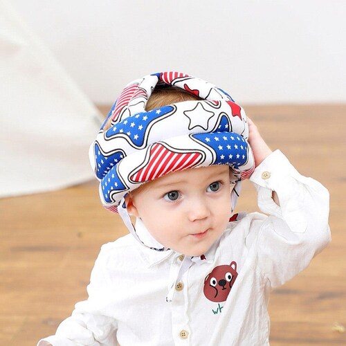 Casco Seguridad Niño Algodón Ajustable Bebé Protector Estrellas Azul con Rojo