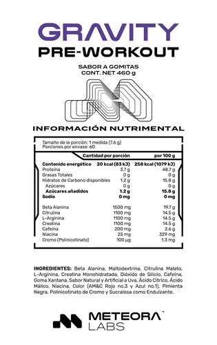 METEORA LABS | Gravity Pre-Workout | Pre entrenador | Suplemento Alimenticio en Polvo para preparar Bebidas Energéticas | Sabor a Gomitas | 460 g | 60 porciones por envase