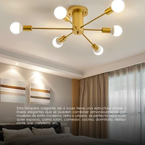 Lampara de techo estilo industrial hierro forjado minimalista gold 6 luces