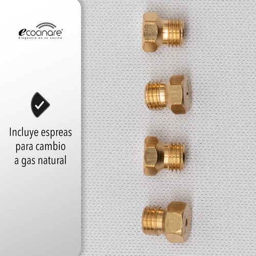 PARRILLA ESTUFA DE GAS EMPOTRABLE // COMPATIBLE CON GAS LP Y GAS NATURAL SOPORTES DE HIERRO FUNDIDO, ENCENDIDO ELECTRONICO, PERILLAS METALICAS.