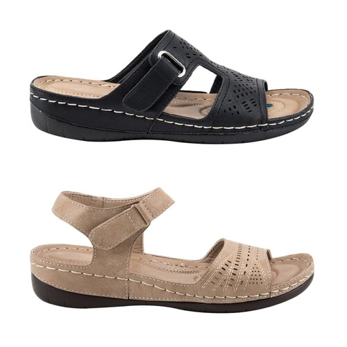 Kit de 2 pares de sandalias confort Shosh para mujer, colores negro y beige, mod. 829470