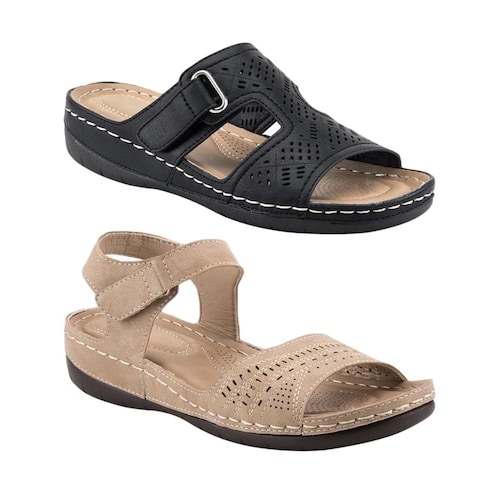 Kit de 2 pares de sandalias confort Shosh para mujer, colores negro y beige, mod. 829470