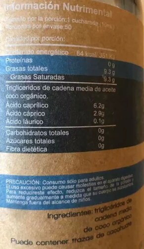 Aceite De Coco Organico Mct Enature Sin Sabor 500ml Keto
