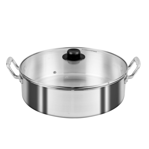 Arrocera de 34 cm. Vasconia Esencial de 2 Piezas de Aluminio Color Plateado Pulido con Tapa de Vidrio y Alta durabilidad