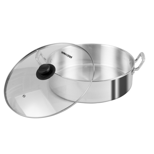 Arrocera de 34 cm. Vasconia Esencial de 2 Piezas de Aluminio Color Plateado Pulido con Tapa de Vidrio y Alta durabilidad