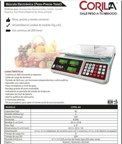 Báscula Electrónica Comercial 40kg Digital Recargable Corila Cppn-40 