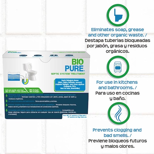 Biopure-Sachets- Tratamiento para fosas sépticas- Fórmula biológica- Ideal para WC, lavamanos, tuberías conectadas a una fosa séptica (27)