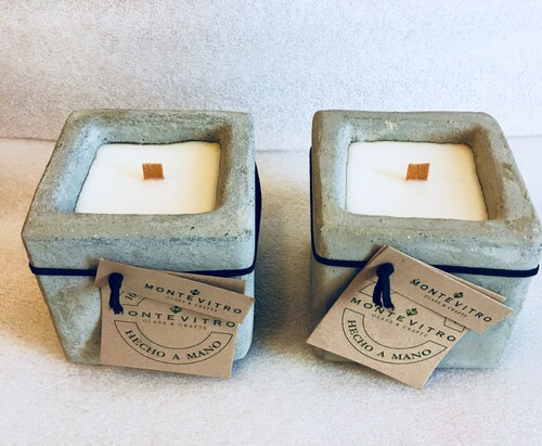 2 Velas aromaticas en CUBO de Concreto Monte Vitro con cera de Soya y pabilo de madera 
