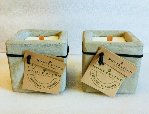 2 Velas aromaticas en CUBO de Concreto Monte Vitro con cera de Soya y pabilo de madera 