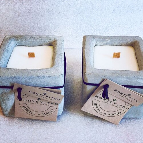 2 Velas aromaticas en CUBO de Concreto Monte Vitro con cera de Soya y pabilo de madera 