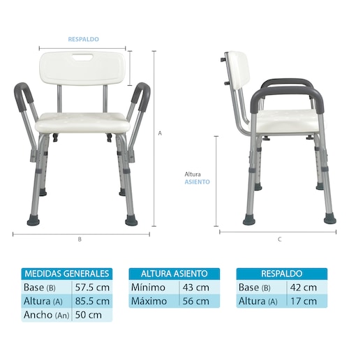Silla para Baño Ducha Rehabilitacion Respaldo Ajustable Brazos Desmontables Banco Ergonomico