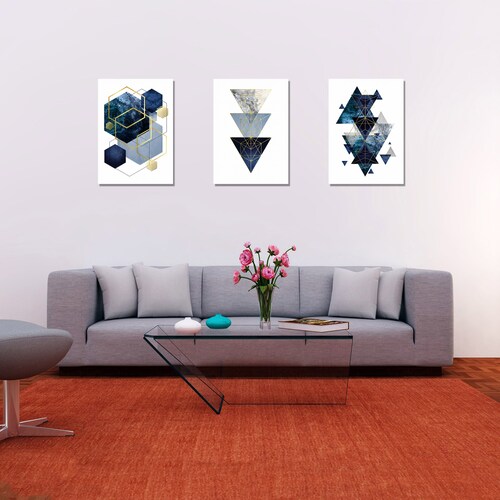 Cuadros Decorativos Set de 3 pzs figuras geométricas moderno Azul 40 X 60 cm