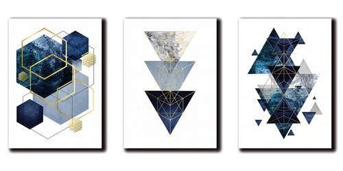 Cuadros Decorativos Set de 3 pzs figuras geométricas moderno Azul 40 X 60 cm
