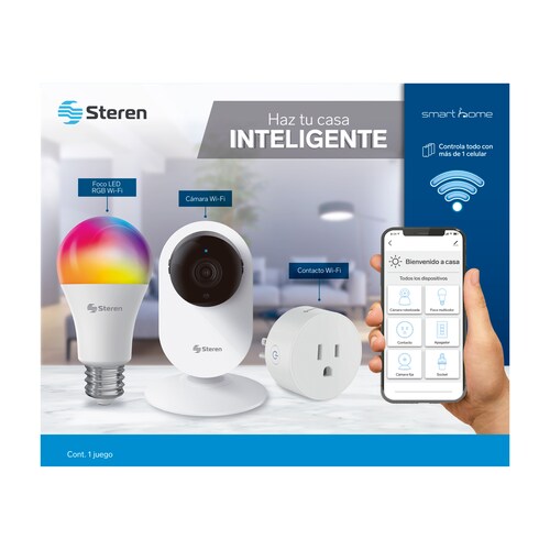 Combo Smart Home Steren CCTV-204, SHOME-100 y SHOME-120, Todo lo que Necesitas con una Cámara Wi-Fi, Foco Wi-Fi RGB 10 W y Contacto Wi-Fi