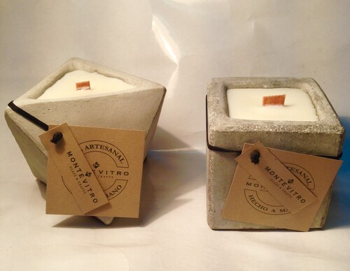 2 Velas CUBO Y TRIANGULO Monte Vitro en base de Concreto con cera de Soya y pabilo de madera