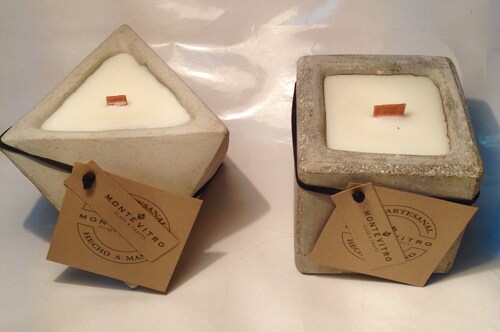 2 Velas CUBO Y TRIANGULO Monte Vitro en base de Concreto con cera de Soya y pabilo de madera