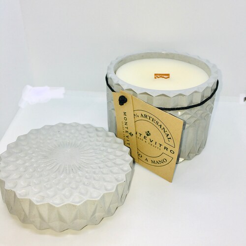 2 Velas aromaticas con TAPA en CILINDRO de Concreto Monte Vitro con cera de Soya y pabilo de madera 