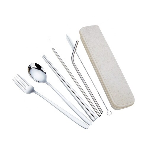 Set de cubiertos portatiles 7 en 1, cubiertos portatiles de acero inoxidable, cubiertos portatiles con estuche