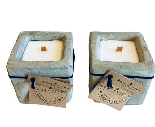 2 Velas aromaticas en CUBO de Concreto Monte Vitro con cera de Soya y pabilo de madera 