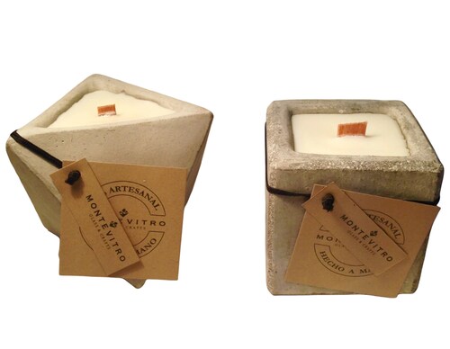 2 Velas CUBO Y TRIANGULO Monte Vitro en base de Concreto con cera de Soya y pabilo de madera