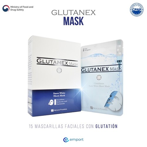 15 Mascarillas Faciales GLUTANEX MASK / Glutatión, Ácido Hialurónico, Colágeno y Niacinamida / Antioxidante Aclarante Hidratante y Elastificante / Caja con 15 mascarillas / De Corea del Sur