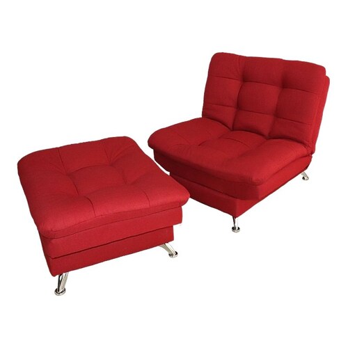 Sofá Cama Individual Sillón Reclinable y Taburete Moderno Lino Rojo