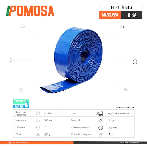 MANGUERA PLANA DE DESCARGA DE AGUA 1 PULGADA X 100 METROS 1PRA POWER RAIN USA