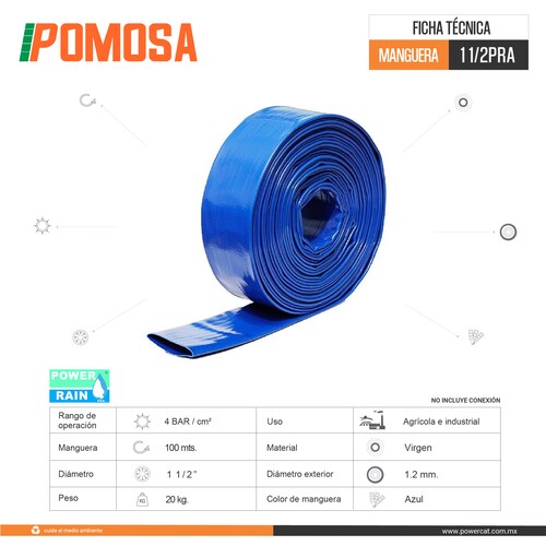 MANGUERA PLANA DE DESCARGA DE AGUA 1 1/2 PULGADA X 100 METROS 1 1/2 PRA POWER RAIN USA